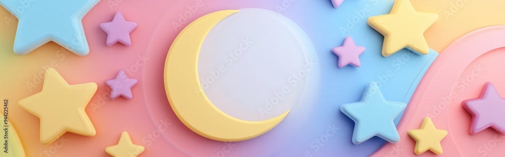 Poster colorful moon and stars icon in 3d cartoon rendering isolated on a vibrant background with a white c
