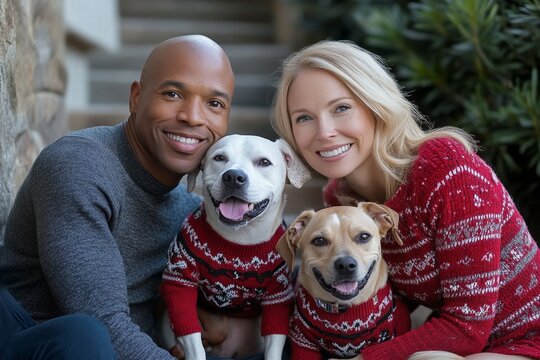 Sunset beach photo of a family with dogs