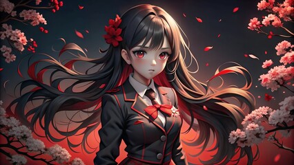 Naklejka premium A cute beautiful girl with long anime-style hair in a school uniform. sakura trees with flowers in red tones in the background