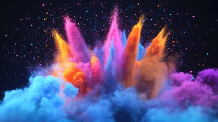 Colorful powder particles burst and fly in a 3D cartoon rendering against a black background