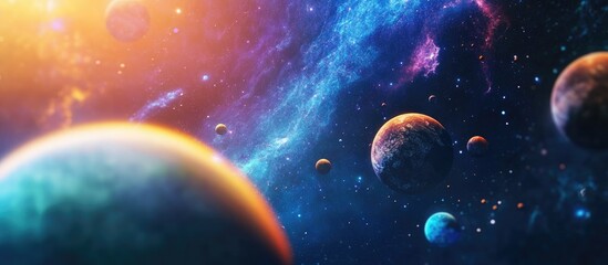 Obraz premium Awesome science fiction wallpaper featuring a cosmic landscape with deep space planets in 3D cartoon rendering