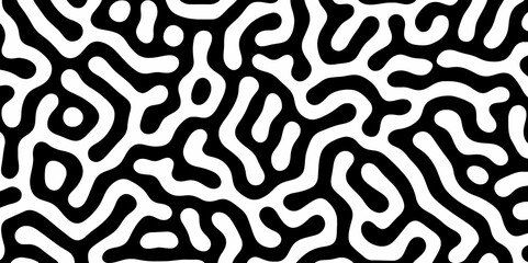 Abstract Turing organic wallpaper with background. Turing reaction diffusion monochrome seamless pattern with chaotic motion. Natural seamless line pattern. Linear design with biological shapes.