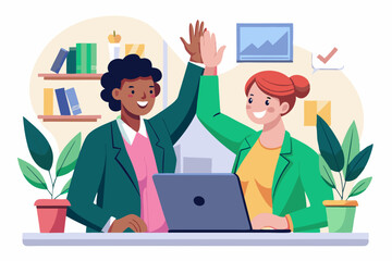 Illustration of two colleagues, one in a green blazer and the other in a pink blazer, giving each other a high-five while working on laptops in an office setting.
