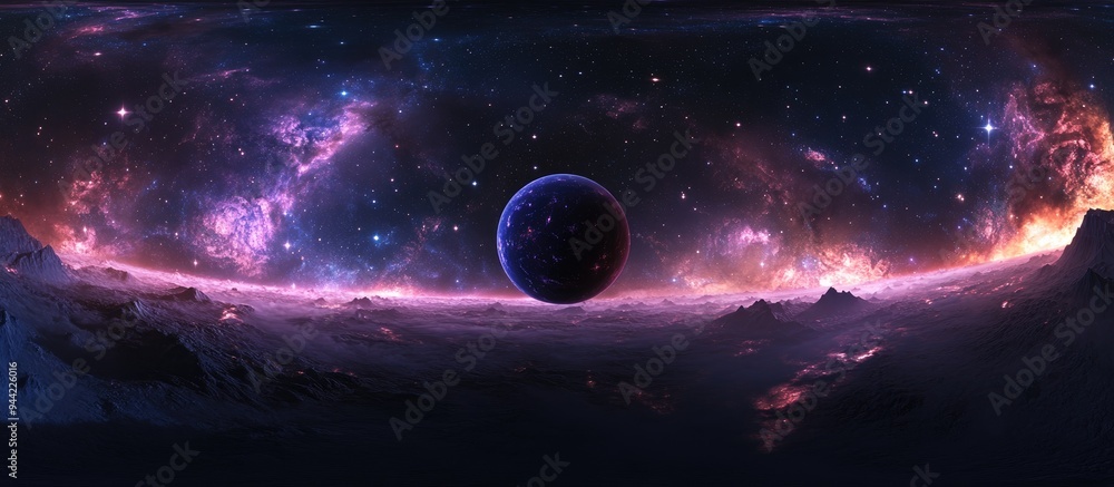 Poster 360 degree space background with nebula and stars featuring a 3D cartoon rendering equirectangular projection and environment map in HDRI spherical panorama 3D illustration