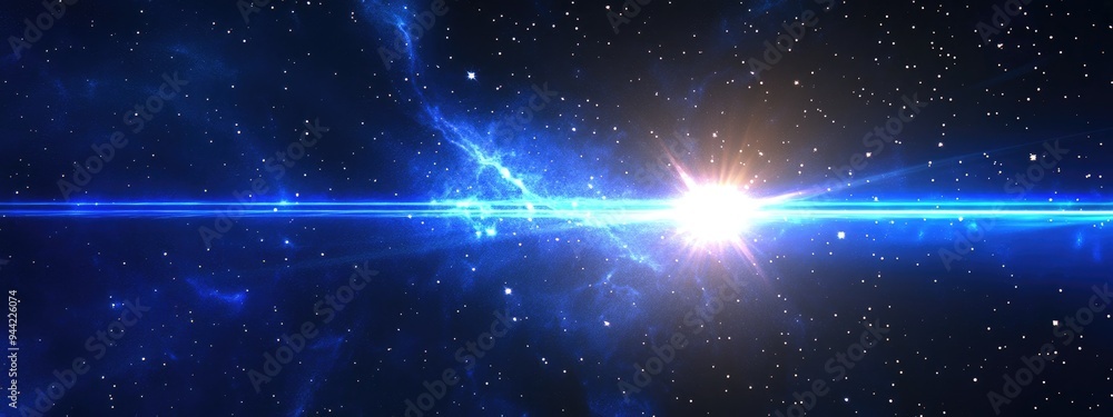 Poster illustration featuring bright shining blue light with lens flare lines set against a dark space sky 