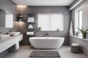 Modern Bathroom with Freestanding Tub, Double Vanity, and Gray Walls