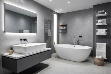 Modern Minimalist Bathroom with Freestanding Tub and Sink Vanity