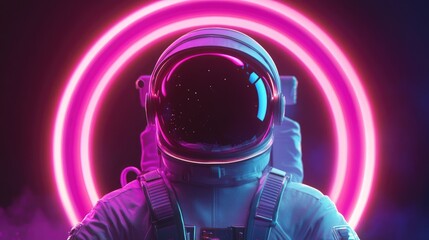 Colorful visor and white spacesuit astronaut in a 3D cartoon rendering featuring pink and blue moody 80s lighting with a neon circle in the front 3D rendering