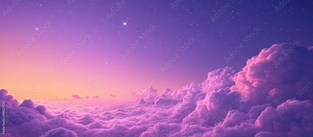 Poster View of a purple evening sky with cirrus clouds and stars in a 3D cartoon rendering background abstract