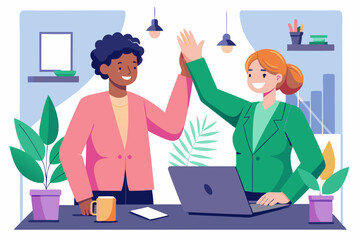 Illustration of two colleagues, one in a green blazer and the other in a pink blazer, giving each other a high-five while working on laptops in an office setting.
