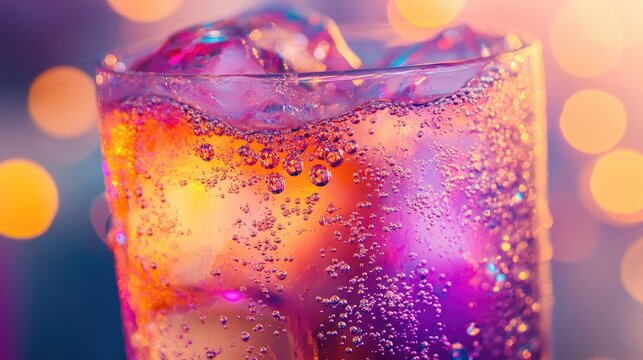Close-up of a Glass of Fizzy Drink with Ice and Bokeh Lights