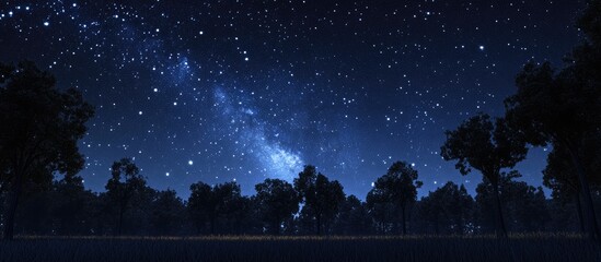 3D cartoon rendering depicting a blue dark night sky filled with stars over a field of trees with a Milky Way cosmos backdrop