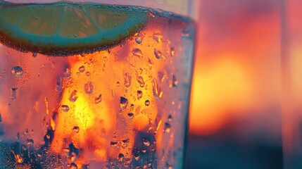 Close-up of a Glass of Cold Drink with a Lemon Wedge Against a Sunset Background