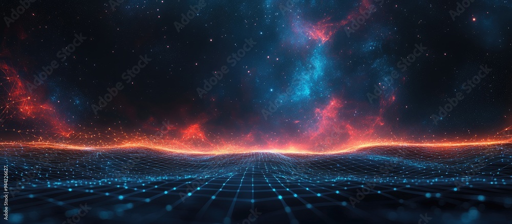 Aufkleber Abstract landscape in a dark background featuring a star horizon cyberspace grid and a high tech network presented through a 3D cartoon rendering Starry texture of outer space included 3D illustra