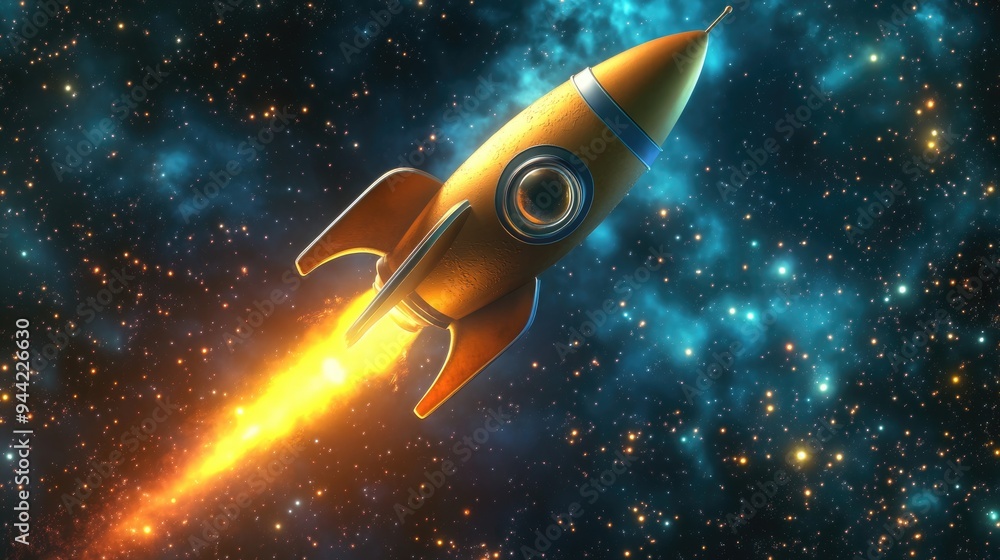 Poster rocket flying in space 3d cartoon rendering mixed media