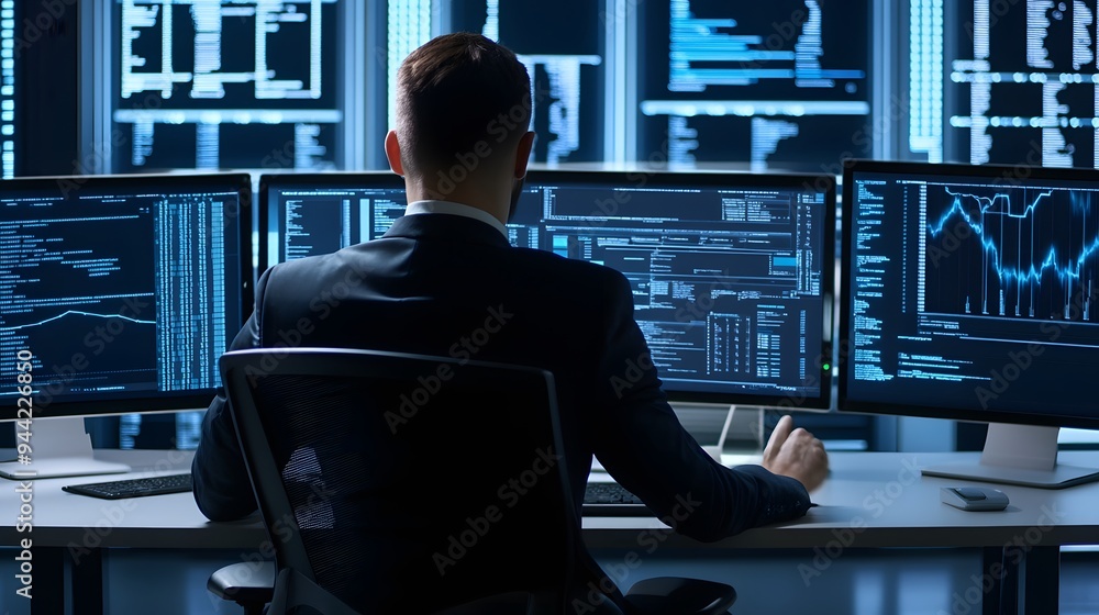 Poster a man in a suit sits at a desk in front of multiple computer monitors.