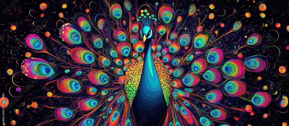 Aufkleber fluorescent peacock outline in a colorful 3d cartoon rendering concept of a rainbow peacock with cos