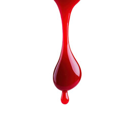 A vivid drop of red liquid gracefully falling isolate on transparency background