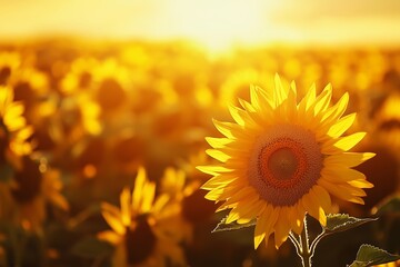 Obraz premium Golden sunflowers bloom vibrantly in a field during a warm sunset, creating a picturesque landscape full of life and color