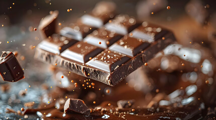 Chocolate Bar Falling into Melted Chocolate - Photo