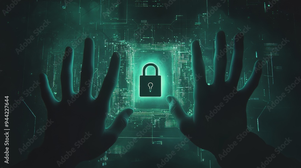 Poster Hands reaching toward a glowing digital lock hologram, symbolizing data encryption and cybersecurity. Digital safety and secure access concept.