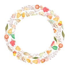 Hand drawn watercolor autumn mushrooms leaves and pumpkins frame border isolated on white background. Can be used for postcard, label, scrapbook and other printed products.