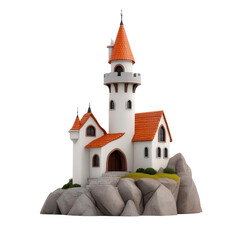 Fototapeta premium A whimsical castle perched on rocks, featuring a white facade and orange roof, evoking fantasy and adventure isolate on transparency background