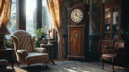 an antique grandfather clock adds charm to a room filled with vintage furniture, capturing the essence of a bygone era in interior design