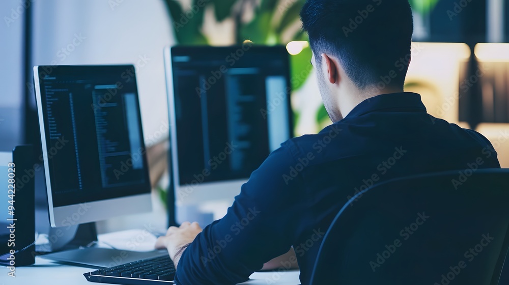 Poster a man sits in front of two computer screens, working on a project.