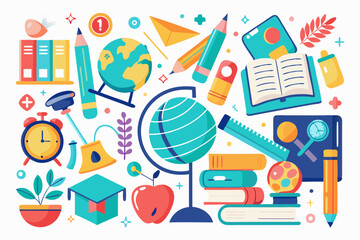 A vibrant illustration showcasing assorted school and office supplies like books, pencils, globes, and fun doodles in a playful and colorful pattern on a white background. 
