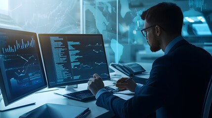 A man works at a desk in a dimly lit office, looking over data on his computer screen.