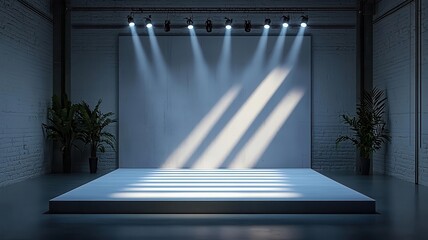 Obraz premium An industrial-style stage with cold blue and white lights casting sharp shadows on a concrete backdrop, photorealistic, hyper-resolution, edgy and modern visual effect