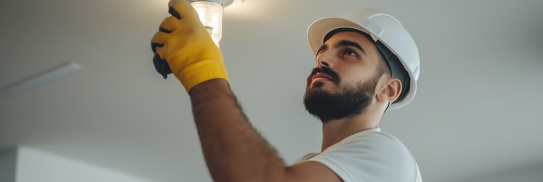 An electrician in a hard hat and gloves changes a light bulb in a ceiling fixture using a step ladder indoors.