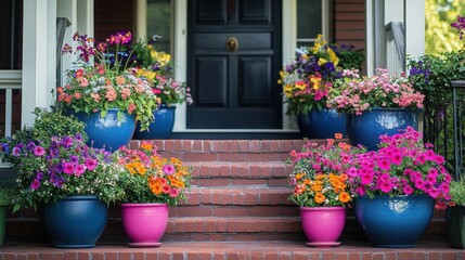 front porch decor, bright planters bursting with flowers adorn the front porch steps, enhancing the houses exterior with a charming touch