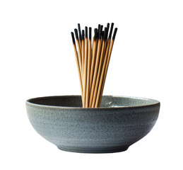 A gray bowl contains neatly arranged incense sticks, ideal for creating a calm atmosphere in any space. Transparent background PNG