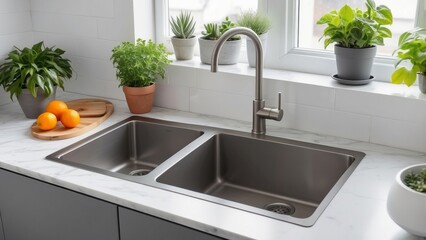 Modern Kitchen Sink with Brushed Nickel Faucet and Marble Countertop
