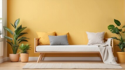 Modern Minimalist Living Room with Yellow Wall and White Sofa