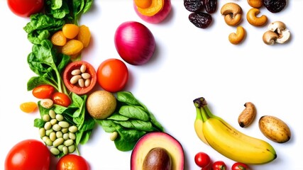 Vitamin K in nutrition concept. Letter K with fresh salad, tomatoes, soybeans, spinach, meat, radishes, dried apricots, cashews, peas, prunes, avocado, eggs, banana, potatoes, mushrooms