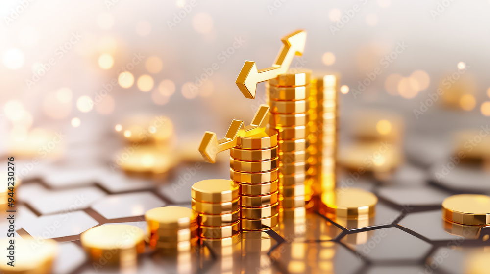 Aufkleber stacks of shiny gold coins are depicted with upward arrows to symbolize growth, set against a blurre
