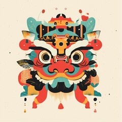 Colorful abstract illustration of a lion dance mask with geometric patterns.