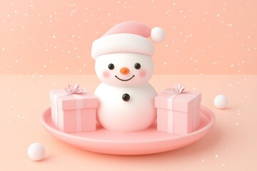 Standing pink snowman with presents on pink background