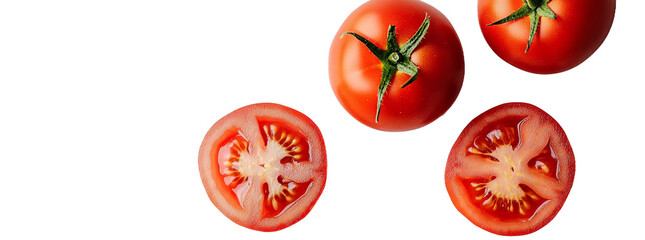 Fototapeta premium Vibrant red tomatoes displayed, featuring whole fruits and sliced pieces ideal for salads, sauces, or garnishes in cooking. Transparent background PNG
