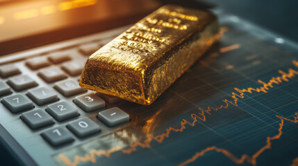 Gold bar on a calculator with a trading graph represents gold price calculation. Gold, a tangible hard asset, serves as a safe haven during wars, economic crises, and as a former gold reserve. 