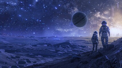 Space exploration mission with astronauts discovering new terrains and conducting scientific research