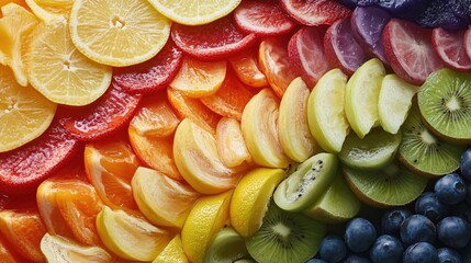Colorful Fruit Slices Arranged in a Rainbow Pattern