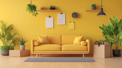 Home decor and furniture sale with promotional discounts. Features sofas, armchairs, and banners with a cardboard box backdrop in a 3D render. 