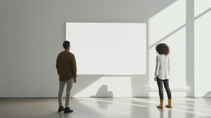 Fototapeta premium Two people standing in front of a blank wall