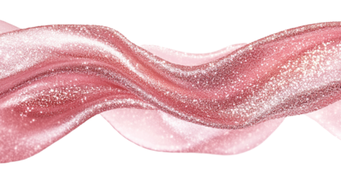 A soft, flowing wave of pink and gold glitter showcases elegant textures and vibrant movement, isolated on a transparent background. Transparent background PNG