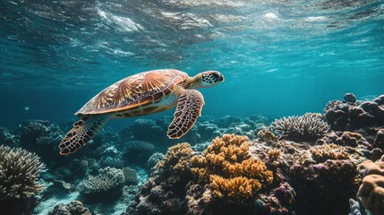 Fototapeta premium Sea Turtle Swimming Through Vibrant Coral Reef
