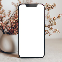 A phone is sitting on a table next to a vase of flowers Mockups, Transparent PNG